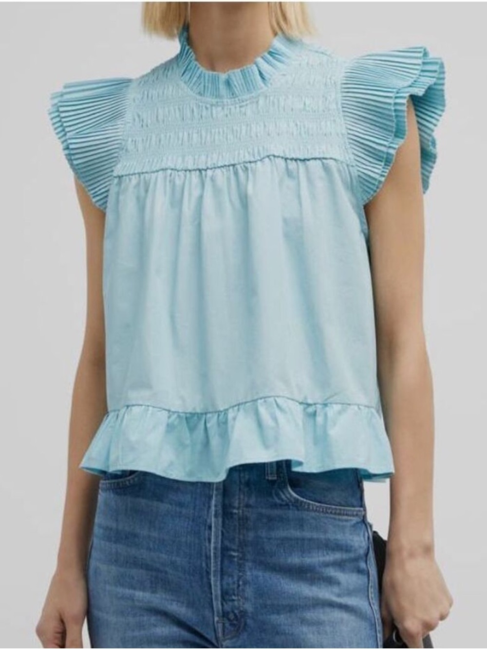 Love The Label Blue Poppy High Neck Ruffle Top Size Large